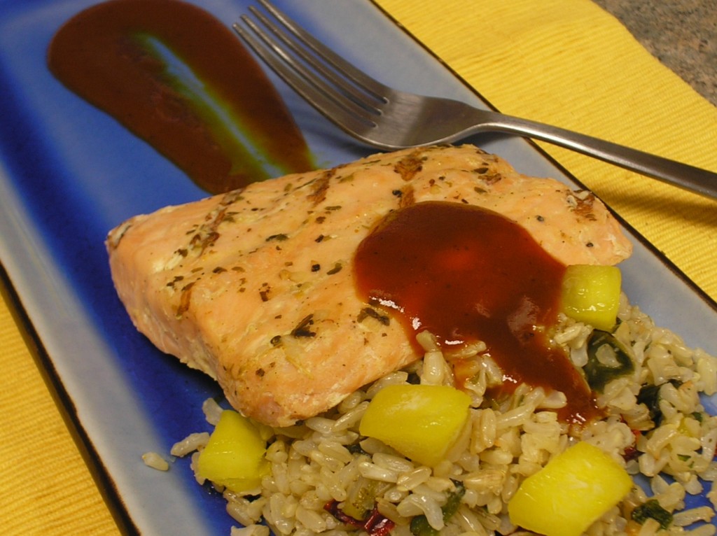 salmon with mango rice pilaf and tropical BBQ